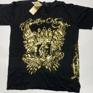 NWT Christian Audigier V-NECK Gold Foiled Dagger Skull T-shirt L